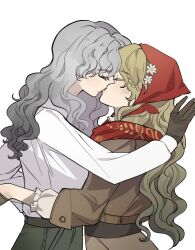 2girls blonde_hair brown_gloves brown_jacket brown_skirt closed_eyes couple flower from_side gloves green_pants grey_hair hair_flower hair_ornament headscarf jacket kiss long_hair multiple_girls pants red_headscarf red_scarf reverse:1999 scarf shirt skirt the_pran upper_body vila_(reverse:1999) white_background white_flower white_shirt windsong_(reverse:1999) yuri