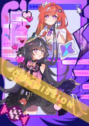 2girls absurdres black_dress black_hair blue_eyes blush candy character_charm character_name charm_(object) closed_mouth commentary commission dress error_message food gloves grey_hair hair_intakes head_on_hand heart highres holding_another&#039;s_hair honkai_(series) honkai_impact_3rd leylah_(honkai_impact) long_hair multicolored_eyes multicolored_hair multiple_girls one_side_up open_mouth orange_hair pic_p_p pink_eyes pixel_heart purple_eyes senadina senadina_(cocoon_of_unwoven) smile streaked_hair two-tone_hair watermark white_gloves yellow_eyes