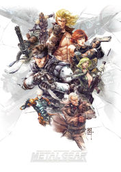 Rule 34 | 2girls, 6+boys, abs, aiming, aiming at viewer, ammunition belt, ammunition box, armor, bald, bandana, belt, blonde hair, body armor, bodysuit, breasts, brown hair, bulletproof vest, cannon, cleavage, commentary, cyborg, cyborg ninja, desert eagle, dog tags, elbow pads, english commentary, facial hair, fingerless gloves, formal clothes, gatling gun, gloves, gun, handgun, highres, jumpsuit, katana, knife, liquid snake, long hair, magnetic weapon, manly, mar-c!, mecha, meryl silverburgh, metal gear (series), metal gear rex, metal gear solid, military, multiple boys, multiple girls, muscular, mustache, necktie, painting (medium), photoshop (medium), psycho mantis, railgun, raincoat, realistic, red hair, revolver, revolver ocelot, rifle, robot, science fiction, serious, short hair, shoulder armor, signature, sniper rifle, sniper wolf, solid snake, suppressor, sword, tactical clothes, tattoo, traditional media, vulcan raven, walker (robot), watercolor (medium), weapon