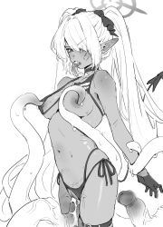 1girl absurdres aochoku bikini blue_archive blush breasts choker dark-skinned_female dark_skin gloves greyscale hair_over_one_eye halo highres iori_(blue_archive) iori_(swimsuit)_(blue_archive) long_hair medium_breasts monochrome nipples penis pointy_ears side-tie_bikini_bottom solo striped sweat swimsuit tail tentacle_sex tentacles twintails uncensored vaginal veins vertical_stripes