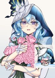Rule 34 | 1girl, absurdres, blue hair, blue veil, bouquet, colored eyelashes, commentary, derivative work, english commentary, flareza, flower, hair between eyes, highres, holding, holding bouquet, long hair, looking at viewer, official art inset, open mouth, pink flower, pink rose, purple eyes, revision, rose, shorekeeper (wuthering waves), smile, solo, two-tone veil, upper body, veil, white veil, wuthering waves