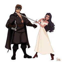 1boy 1girl absurdres beard black_boots black_gloves black_hair boots brown_hair chest_hair closed_mouth commentary dress elena_de_la_vega facial_hair gloves high_heel_boots high_heels highres holding holding_sword holding_weapon hong_soon-sang jewelry long_hair looking_at_viewer mustache necklace short_hair signature simple_background smile sword the_legend_of_zorro weapon white_background white_dress zorro zorro_(character)