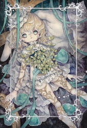 1boy 1girl blonde_hair bloomers blue_eyes commentary_request doll doll_joints expressionless hat highres in_palm joints medium_hair original painting_(medium) rusetsuksr solo_focus traditional_media underwear watercolor_(medium) wavy_hair white_bloomers