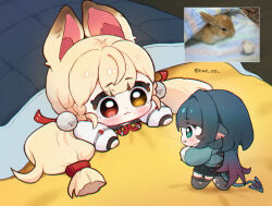 2girls alice_thymefield animal_ears black_gloves black_shorts black_thighhighs blonde_hair blue_jacket blush chibi chibi_only closed_mouth commentary fingerless_gloves fur-trimmed_sleeves fur_trim gloves green_eyes green_hair hair_ornament heterochromia hue_oo jacket jane_doe_(zenless_zone_zero) long_sleeves low_twintails lying mouse_ears mouse_girl mouse_tail multiple_girls on_stomach orange_eyes photo-referenced pom_pom_(clothes) pom_pom_hair_ornament red_eyes reference_inset short_hair shorts standing symbol-only_commentary tail thighhighs torn_clothes torn_thighhighs twintails twitter_username under_covers zenless_zone_zero