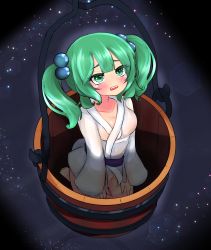 1girl bad_feet blunt_bangs blush breasts bucket cleavage collarbone dougi from_above green_eyes green_hair grey_background hair_bobbles hair_ornament highres in_bucket in_container kisume lao_shu lens light_particles long_sleeves looking_up medium_breasts open_mouth robe seiza simple_background sitting solo teeth touhou tsurime two_side_up upper_teeth_only white_robe wide_sleeves