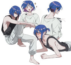 1boy absurdres blue_hair blush closed_eyes colored_inner_hair glaring gloves gundam gundam_gquuuuuux highres holding_spray_can looking_at_viewer lower_eyelashes_only male_focus multicolored_hair multiple_views open_mouth otakulifewow planking ponytail purple_hair red_eyes scene_reference shirt short_hair shuji_ito simple_background smile solo_focus sparkle sweat two-tone_hair white_background white_shirt