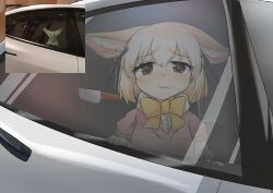 1girl animal_ears blonde_hair blush bow bowtie brown_eyes car fennec_(kemono_friends) fennec_fox fox_ears gloves highres kemono_friends looking_at_viewer motor_vehicle multicolored_hair photo-referenced pink_sweater reference_inset rexeig short-sleeved_sweater short_hair short_sleeves smile solo sweater white_hair yellow_bow yellow_bowtie