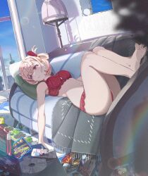 1girl absurdres ass blonde_hair bra breasts couch fast_&amp;_furious feet hair_ribbon highres indoors lace lace-trimmed_bra lace-trimmed_panties lace_trim lingerie lycoris_recoil lying medium_hair navel nishikigi_chisato on_back oyaji_hime panties red_bra red_eyes red_panties red_ribbon ribbon small_breasts solo thighs underwear underwear_only