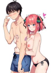 1boy 1girl :3 antenna_hair arm_around_waist arms_around_waist assertive_female bikini bikini_bottom_only black_bikini black_hair black_ribbon blue_eyes blue_nails blunt_bangs blush bob_cut breast_press breasts brown_eyes bulge butterfly_hair_ornament cleavage closed_mouth collarbone couple cowboy_shot embarrassed eyebrows_hidden_by_hair eyelashes finger_to_cheek fingernails from_side frown furrowed_brow go-toubun_no_hanayome groin hair_between_eyes hair_ornament hair_ribbon hand_on_another&#039;s_chest hand_on_another&#039;s_stomach hand_up heart height_difference hetero hug hug_from_behind kurosaki_coco large_breasts male_swimwear medium_hair motion_lines multicolored_nails nail_polish nakano_nino navel nervous_smile nipples nose_blush nude_filter pink_hair ribbon scratching_cheek short_hair shy side-tie_bikini_bottom sidelocks simple_background smile standing stomach straight_hair sweat sweatdrop swim_trunks swimsuit thighs third-party_edit topless_male two_side_up uesugi_fuutarou v-shaped_eyebrows wet white_background yellow_eyes
