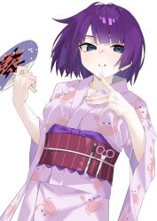 Rule 34 | 1girl, arril100, blue eyes, blush, boxcutter, breasts, commentary, cowboy shot, crab, english commentary, hand fan, hands up, highres, holding, holding fan, japanese clothes, kimono, looking at viewer, medium breasts, medium hair, monogatari (series), obi, obijime, paper fan, parted lips, print kimono, purple hair, purple kimono, red sash, sash, scissors, senjougahara hitagi, simple background, solo, uchiwa, white background, wide sleeves, yukata