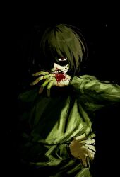 1other biting biting_own_hand black_background blood blood_on_face blood_on_hands brown_hair dark deltarune highres injury kris_(deltarune) looking_at_viewer one_eye_covered other_focus red_eyes shaded_face short_hair solo sweatdrop teeth u0u_zzz upper_body