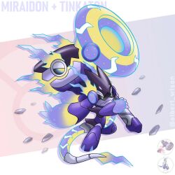 Rule 34 | albrt-wlson, artist name, character name, closed mouth, commentary, debris, english commentary, fangs, full body, fusion, highres, holding, holding weapon, miraidon, nintendo, official art inset, pokemon, pokemon (creature), pokemon focus, reference inset, robot, skin fangs, solo, tinkaton, weapon