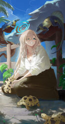 05ghxsu 1girl absurdres alternate_costume animal asuna_(blue_archive) asymmetrical_bangs black_shoes blonde_hair blue_archive blue_eyes blue_halo blue_sky breasts brown_pants collared_shirt commentary day dragon dress_shirt english_commentary fence grin hair_over_one_eye halo high-waist_pants highres holding holding_animal large_breasts leaf lizard long_hair on_floor outdoors pants partially_unbuttoned rock shirt shirt_tucked_in shoes sitting sky smile solo stone_floor turtle very_long_hair wariza white_shirt