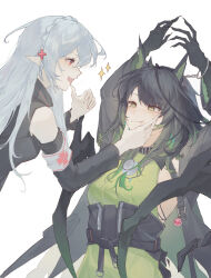 2girls absurdres animal_ears anniewilump arknights black_hair black_jacket breasts cat_ears cat_girl closed_mouth commentary detached_sleeves dress english_commentary green_dress green_eyes green_hair highres jacket long_hair medium_breasts mon3tr_(arknights) multiple_girls open_mouth pointy_ears red_eyes simple_background vampire warfarin_(arknights) white_background white_hair