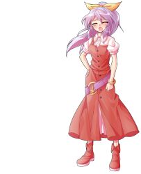 1girl alphes_(style) belt blush boots bracelet breasts buttons closed_eyes collared_shirt commentary_request dairi dress dress_shirt full_body hair_ribbon hand_on_own_hip high_ponytail highres jewelry large_variant_set legs_apart long_hair o-ring open_mouth parody platform_boots ponytail puffy_short_sleeves puffy_sleeves purple_belt purple_hair red_boots red_dress ribbon shirt short_sleeves small_breasts solo standing style_parody tachi-e tearing_up touhou transparent_background undershirt variant_set watatsuki_no_yorihime white_shirt yellow_ribbon