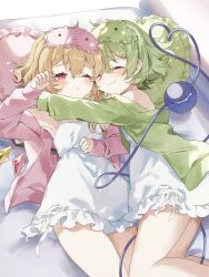 2girls ^_^ absurdres alternate_costume bed blonde_hair blush closed_eyes closed_mouth commentary_request flandre_scarlet green_hair green_pajamas hair_between_eyes heart heart_of_string highres hug komeiji_koishi long_sleeves lying multiple_girls on_back on_bed pajamas pillow pink_pajamas red_eyes sleep_mask smile sorani_(kaeru0768) spaghetti_strap third_eye touhou waking_up white_chemise wings yuri