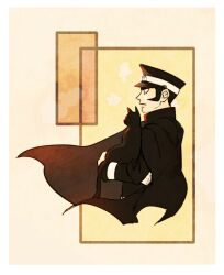 2boys animal black_cat black_hair cat cloak devil_summoner:_raidou_kuzunoha_vs_the_soulless_army devil_summoner_(series) from_side gakuran gouto hat holding holding_animal holding_cat kuzunoha_raidou long_sleeves megami_tensei multiple_boys peaked_cap riko_(petapeta22) school_uniform sideburns upper_body