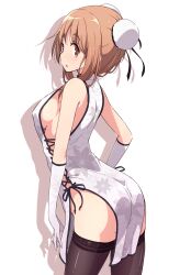 1girl ass bare_shoulders breasts brown_eyes brown_hair bun_cover china_dress chinese_clothes commentary_request cross-laced_clothes double_bun dress elbow_gloves floral_print from_behind gloves hair_bun hair_up high_collar highres leaning_forward light_frown looking_at_viewer looking_back matsumoto_yoriko medium_breasts mel_(melty_pot) no_panties parted_lips print_dress shadow short_dress short_hair side-tie_dress side_slit sideboob sideless_outfit sidelocks sleeveless sleeveless_dress solo sweatdrop thighhighs thighs white_dress white_gloves white_thighhighs yuyushiki