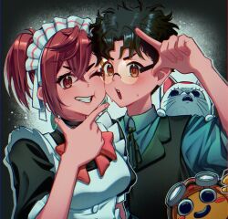 2boys 2girls alien apron ayase_momo black_dress black_hair black_vest blush boredpotatoo bow bowtie breasts brown_eyes brown_hair cat cheek-to-cheek chiquitita collared_shirt commentary dandadan dress english_commentary finger_gun frilled_hairband frills goggles goggles_on_headwear grin hair_between_eyes hairband hand_up heads_together highres looking_at_viewer maid maid_apron maid_headdress maneki-neko medium_breasts messy_hair multiple_boys multiple_girls neck_ribbon official_alternate_costume one_eye_closed open_mouth puffy_short_sleeves puffy_sleeves red_bow red_bowtie ribbon shirt short_hair short_sleeves smile sweatdrop takakura_ken_(dandadan) turbo_granny_(dandadan) twintails upper_body v-shaped_eyebrows vest white_apron