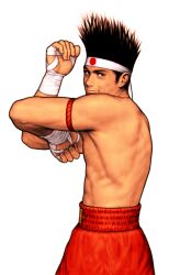 1boy brown_eyes brown_hair capcom_vs_snk_2 game_cg hachimaki hand_wraps headband highres japanese_flag joe_higashi looking_to_the_side male_focus mongkhon muay_thai non-web_source official_art snk solo topless_male white_headband
