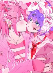 2boys ahoge asmodeus_alice blue_eyes blue_hair blush bow cat_hair_ornament closed_eyes ear_piercing earrings food-themed_hair_ornament hair_ornament hairclip heart heart_sticker highres imminent_kiss jewelry mairimashita!_iruma-kun mim_6q multiple_boys necklace piercing pink_bow pink_hair purple_hair red_bow red_nails shirt strawberry_hair_ornament striped_clothes striped_shirt suzuki_iruma yaoi