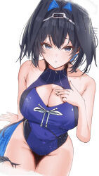 1girl :o arm_support bare_arms bare_shoulders black_hair blue_eyes blue_hair blue_one-piece_swimsuit blush breasts chain chain_headband cleavage cleavage_cutout clothing_cutout colored_inner_hair commentary cropped_legs hair_between_eyes hair_intakes hand_on_own_chest highleg highleg_one-piece_swimsuit highres hololive hololive_english large_breasts long_hair looking_at_viewer multicolored_hair official_alternate_costume one-piece_swimsuit ouro_kronii ouro_kronii_(holonatsu_paradise) parted_lips simple_background solo swimsuit two-tone_hair vanssey very_long_hair virtual_youtuber white_background