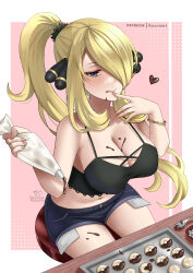 1girl baking black_camisole blonde_hair border bracelet breasts camisole chocolate chocolate_on_body chocolate_on_breasts chocolate_on_face chocolate_syrup cleavage cookie crop_top cynthia_(pokemon) denim denim_shorts food food_on_body food_on_face gold_bracelet grey_eyes hair_ornament hair_over_one_eye heart high_ponytail highres jewelry large_breasts licking_lips long_hair navel nintendo pokemon pokemon_dppt ponytail ryuuneart short_shorts shorts sidelocks sitting solo spoon stool tongue tongue_out tray valentine white_border