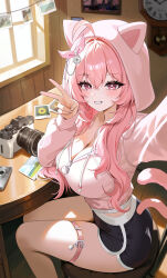 Rule 34 | 1girl, absurdres, ahoge, animal hood, belt, black shorts, blush, breasts, bright pupils, camera, cat, cat hood, cat tail, cleavage, clock, clothing cutout, commentary, commission, cropped hoodie, fingernails, flower, highres, hood, hood up, hoodie, indoors, iyusei 02, large breasts, long hair, looking at viewer, original, photo (object), pink hair, selfie, short shorts, shorts, single-lens reflex camera, sitting, smile, solo, sunflower, tail, tail through clothes, thigh belt, thigh strap, v, very long hair, wall clock, white pupils, wooden wall