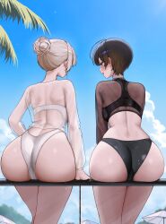 2girls absurdres against_railing ass ass_focus bikini black_bikini black_hair blue_eyes blue_sky blush cloud cloudy_sky day from_behind grey_hair gwan-e hair_bun highres huge_ass looking_at_another multiple_girls on_railing open_mouth original railing see-through_clothes short_hair single_hair_bun sky smile swimsuit tsukasa_erin_(gwan-e) tsukasa_karin_(gwan-e) white_bikini