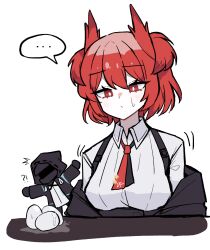 !? ... 1girl 1other ^^^ arknights black_jacket bolo_tie bright_pupils closed_mouth collared_shirt commentary doctor_(arknights) egg fiammetta_(arknights) hmrsh hood hood_up hooded_jacket jacket long_sleeves off_shoulder outstretched_arms red_eyes red_hair shirt short_hair simple_background spoken_ellipsis spread_arms sweatdrop white_background white_pupils white_shirt