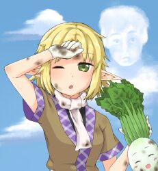 1girl akanuma black_shirt blonde_hair blue_sky blush brown_shirt chanpuru_(nicoseiga_67544477) cloud commentary_request cookie_(touhou) daikon day dirty dirty_face gloves green_eyes joker_(cookie) looking_at_viewer manatsu_no_yo_no_inmu mizuhashi_parsee one_eye_closed open_mouth outdoors pointy_ears radish reu_daikon scarf shirt short_hair short_sleeves sky solo touhou undershirt upper_body white_gloves white_scarf