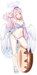 1girl ;d bikini blue_archive blue_hair blush breasts commentary_request donut_innertube eyewear_on_head feathered_wings frilled_bikini frills full_body gradient_hair halo hamcheeseand heart heart-shaped_eyewear highres jacket large_breasts looking_at_viewer mika_(blue_archive) multicolored_hair navel one_eye_closed open_mouth pink_hair pink_jacket ponytail sandals simple_background smile solo stomach swimsuit tinted_eyewear white_background white_wings wings
