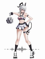 1girl absurdres alternate_costume arm_strap black_choker black_gloves black_horns black_socks black_tail breasts cheerleader chikarit choker collarbone commentary curled_horns demon_tail earrings frilled_thigh_strap full_body gloves grey_hair hair_between_eyes hand_on_own_hip highres horns jewelry key_earrings large_breasts long_hair looking_at_viewer navel parted_lips pom_pom_(cheerleading) red_eyes shoes simple_background skirt sneakers socks solo stomach tail thigh_strap toned toned_female white_background white_shoes white_skirt wuthering_waves zani_(wuthering_waves)
