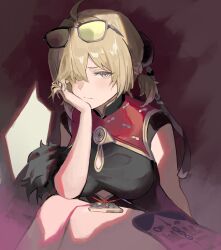 1girl absurdres ahchuh black_dress blonde_hair china_dress chinese_clothes clothing_cutout cutout_above_navel dress eyewear_on_head hair_over_one_eye hand_fan highres solo squatting sweety_(zenless_zone_zero) tinted_eyewear yellow-tinted_eyewear zenless_zone_zero