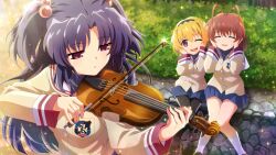 Rule 34 | 3girls, antenna hair, artist request, black hairband, black pantyhose, blonde hair, blue hair, blue skirt, bow (music), brown hair, brown jacket, bush, clannad, closed eyes, covering own ears, crossover, emblem, fang, furukawa nagisa, game cg, hairband, highres, higurashi no naku koro ni, higurashi no naku koro ni mei, hikarizaka private high school uniform, holding, holding instrument, holding violin, houjou satoko, ichinose kotomi, instrument, jacket, long hair, long sleeves, medium hair, multiple girls, music, nervous smile, non-web source, official art, open mouth, outdoors, pantyhose, parted lips, pink eyes, playing instrument, purple eyes, school uniform, shoes, short hair, sitting, skirt, smile, socks, sparkle, sphere hair ornament, sweatdrop, violin, white socks