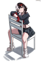 1girl absurdres black_hair black_sailor_collar black_serafuku black_skirt cosplay fingerless_gloves gloves highres hololive hololive_english kill_la_kill long_hair looking_at_viewer matoi_ryuuko matoi_ryuuko_(cosplay) multicolored_hair on_chair red_gloves red_hair sailor_collar school_uniform serafuku shadow shiori_novella simple_background sitting skirt solo split-color_hair streaked_hair vicarious virtual_youtuber white_background white_hair yellow_eyes