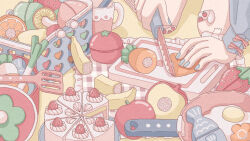 1girl absurdly_detailed_composition apple banana bandaid bandaid_on_knee bandaid_on_leg blue_nails blue_shirt cake carrot commentary_request cup cutting_board egg_(food) fingernails fish food food_print fruit fruit_print frying_pan highres holding holding_knife kneeling knife mushroom nekomaru0817 onion orange_(fruit) original pastel_colors shirt solo spatula strawberry strawberry_print tomato toy