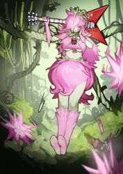 1girl absurdres bat_(animal) blush colored_skin electric_guitar florakinesis full_body green_skin guitar high-waist_skirt highres instrument jewelry key key_necklace leaf_clothing miao_jiangyou monster_girl navel necklace personification pink_eyes pink_hair plant plant_girl plant_hair plantera skirt spores terraria the_axe_(terraria) vines