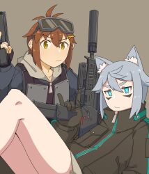 2girls absurdres animal_ear_fluff animal_ears assault_rifle black_jacket blue_eyes blue_hair brown_hair bulletproof_vest cat_ears cat_girl closed_mouth feet_out_of_frame frown fukana_miyu_(kokuya28) goggles goggles_on_head grey_background gun hair_ornament handgun hashtag-only_commentary highres holding holding_gun holding_weapon jacket kokuya_(kokuya28) looking_at_viewer multiple_girls original rifle short_hair simple_background sitting suppressor v-shaped_eyebrows weapon x_hair_ornament yellow_eyes zipper