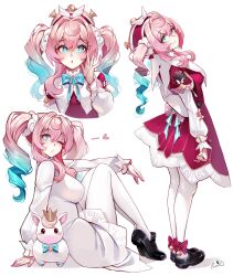 1girl absurdres aqua_eyes aqua_hair beret black_shoes breasts dress full_body hat highres honkai:_star_rail honkai_(series) hyacine_(honkai:_star_rail) large_breasts multicolored_hair multiple_views one_eye_closed pantyhose pink_hair pumiss red_dress red_hat shirt shoes simple_background sitting solo two-tone_hair upper_body white_background white_pantyhose white_shirt