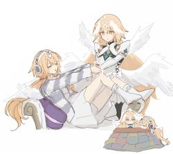 2girls angel_wings black_pantyhose blonde_hair bracelet coat fate/grand_order fate_(series) frills fur-trimmed_coat fur_trim headphones headpiece highres holding_another&#039;s_wrist jeanne_d&#039;arc_(fate) jewelry juliet_sleeves kotatsu long_sleeves low_twintails metatron_jeanne_(fate) metatron_jeanne_(second_ascension)_(fate) metatron_jeanne_(third_ascension)_(fate) multiple_girls multiple_views nekwnek nightgown official_alternate_costume pantyhose puffy_sleeves simple_background sleepwear socks table twintails under_kotatsu under_table white_background white_socks wings yellow_eyes