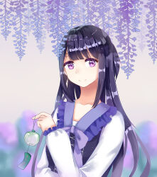 1girl blunt_bangs blurry blurry_background chinese_commentary closed_mouth cloud cloudy_sky collarbone collared_vest commentary_request day dot_nose dress field flower flower_field frilled_dress frilled_sleeves frills hand_on_own_elbow happy highres holding_wind_chime kirina_zero light_particles long_hair long_sleeves looking_at_viewer original outdoors ponytail puffy_long_sleeves puffy_sleeves purple_eyes purple_flower purple_hair purple_vest shirt short_ponytail sidelocks sky smile solo upper_body very_long_hair vest white_shirt wisteria
