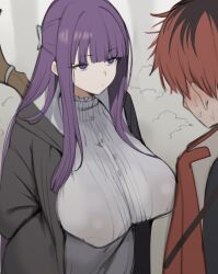 1boy 1girl black_robe blunt_bangs blush breasts closed_mouth coat commentary dress fern_(sousou_no_frieren) highres holding holding_staff huge_breasts looking_down mage_staff purple_eyes purple_hair purple_pupils red_coat red_hair robe sousou_no_frieren staff stark_(sousou_no_frieren) straight_hair sweat toma_(toma50) white_dress