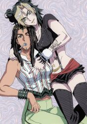 Rule 34 | 2girls, arm tattoo, black eyes, black hair, black thighhighs, blonde hair, blue lips, bracelet, breasts, cigarette, cleavage, commentary request, crop top, cropped shirt, dark-skinned female, dark skin, double bun, dreadlocks, ermes costello, forehead tattoo, green pants, hair bun, jeonjin (mynamebazin), jewelry, jojo no kimyou na bouken, korean commentary, kuujou jolyne, lowleg, lowleg shorts, medium breasts, multicolored hair, multiple girls, one eye closed, pants, shirt, short shorts, shorts, sleeveless, sleeveless shirt, smoking, spiked bracelet, spikes, stone ocean, suspenders, tattoo, thighhighs, two-tone hair
