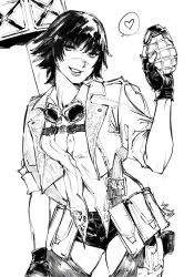 1girl black_gloves black_hair black_shorts devil_may_cry_(series) devil_may_cry_5 explosive fingerless_gloves gloves goggles goggles_around_neck grenade highres holding holding_grenade jacket kenshin187 lady_(devil_may_cry) looking_at_viewer midriff_peek scar scar_on_face scar_on_nose shorts signature simple_background smile white_background
