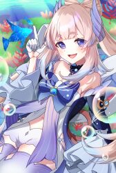 1girl bare_shoulders blue_bow blue_bowtie blue_hair blush bow bow-shaped_hair bowtie genshin_impact gloves gradient_hair hair_ornament highres long_hair long_sleeves looking_at_viewer midriff multicolored_hair navel pink_hair purple_eyes sangonomiya_kokomi shorts smile solo thighhighs tsubame-tsubame- very_long_hair vision_(genshin_impact) white_gloves white_shorts wide_sleeves