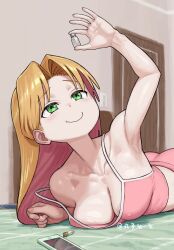 Rule 34 | 1girl, absurdres, alternate breast size, arm up, armpits, bare shoulders, bed, bedroom, blonde hair, breast press, breasts, camisole, cellphone, cellphone charm, charm (object), cleavage, closed mouth, collarbone, colored inner hair, cropped, curtained hair, dolphin shorts, door, dot nose, hair behind ear, highres, holding, holding vial, indoors, long hair, lying, maruko tooto, medium breasts, midriff, multicolored hair, on bed, on stomach, parted bangs, phone, pink camisole, pink shorts, raised inner eyebrows, ruri no houseki, shorts, side slit, side slit shorts, smartphone, solo, spaghetti strap, strap slip, tanigawa ruri, television, vial, wavy mouth
