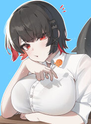 1girl alternate_costume black_bra black_hair black_scales blue_background bra bra_visible_through_clothes breasts buttons candy collared_shirt colored_inner_hair desk ellen_joe fins fish_tail food hair_ornament hairpin holding holding_candy holding_food holding_lollipop large_breasts lollipop long_sleeves looking_at_viewer medium_hair mole mole_under_eye multicolored_hair nsan open_mouth red_eyes red_hair school_desk see-through_clothes see-through_shirt shark_girl shark_tail shirt simple_background sitting sleeves_rolled_up solo sweat tail underwear zenless_zone_zero