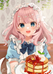 1girl :d apron blue_bow blue_dress blue_eyes bow collared_dress commentary_request dress ear_piercing food frilled_apron frilled_hairband frills hair_ornament hairband highres holding holding_plate indoors long_hair looking_at_viewer maid maid_apron open_mouth original pancake pancake_stack piercing pink_hair plate puffy_short_sleeves puffy_sleeves rino_cnc short_sleeves smile solo twitter_username upper_body white_apron white_hairband