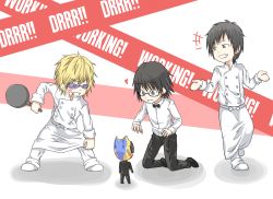 Rule 34 | 1girl, 3boys, angry, celty sturluson, chibi, cigarette, cosplay, durarara!!, frying pan, fukuyama jun, glasses, heart, heiwajima shizuo, kamiya hiroshi, kishitani shinra, mini person, minigirl, multiple boys, ono daisuke, orihara izaya, parody, sunglasses, t0m0, voice actor connection, waiter, working!!